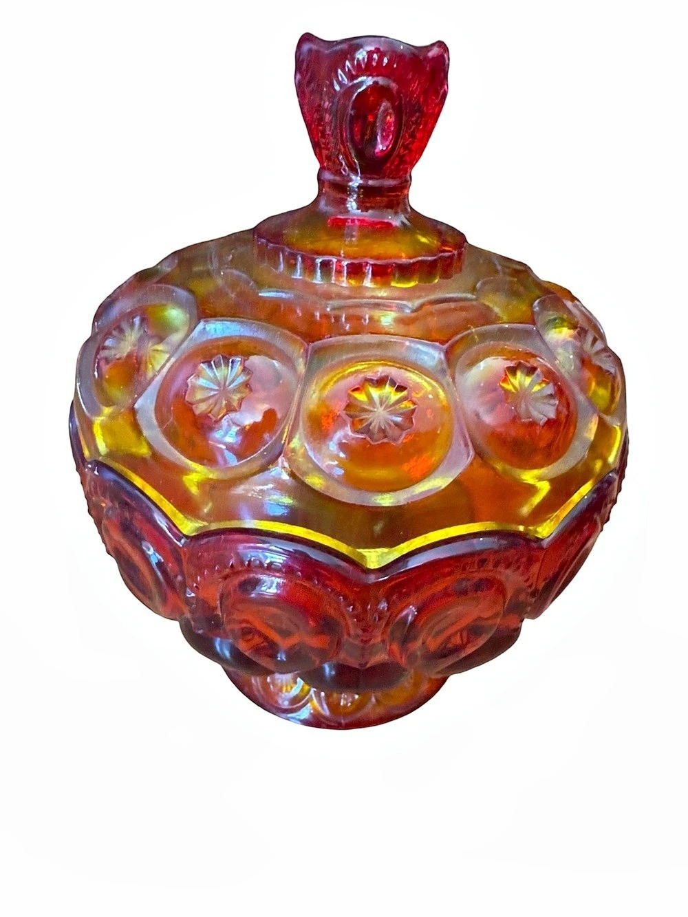 Two Vintage LE Smith Moon Stars Amberina Glass Covered Pedestal Candy Dish Lot